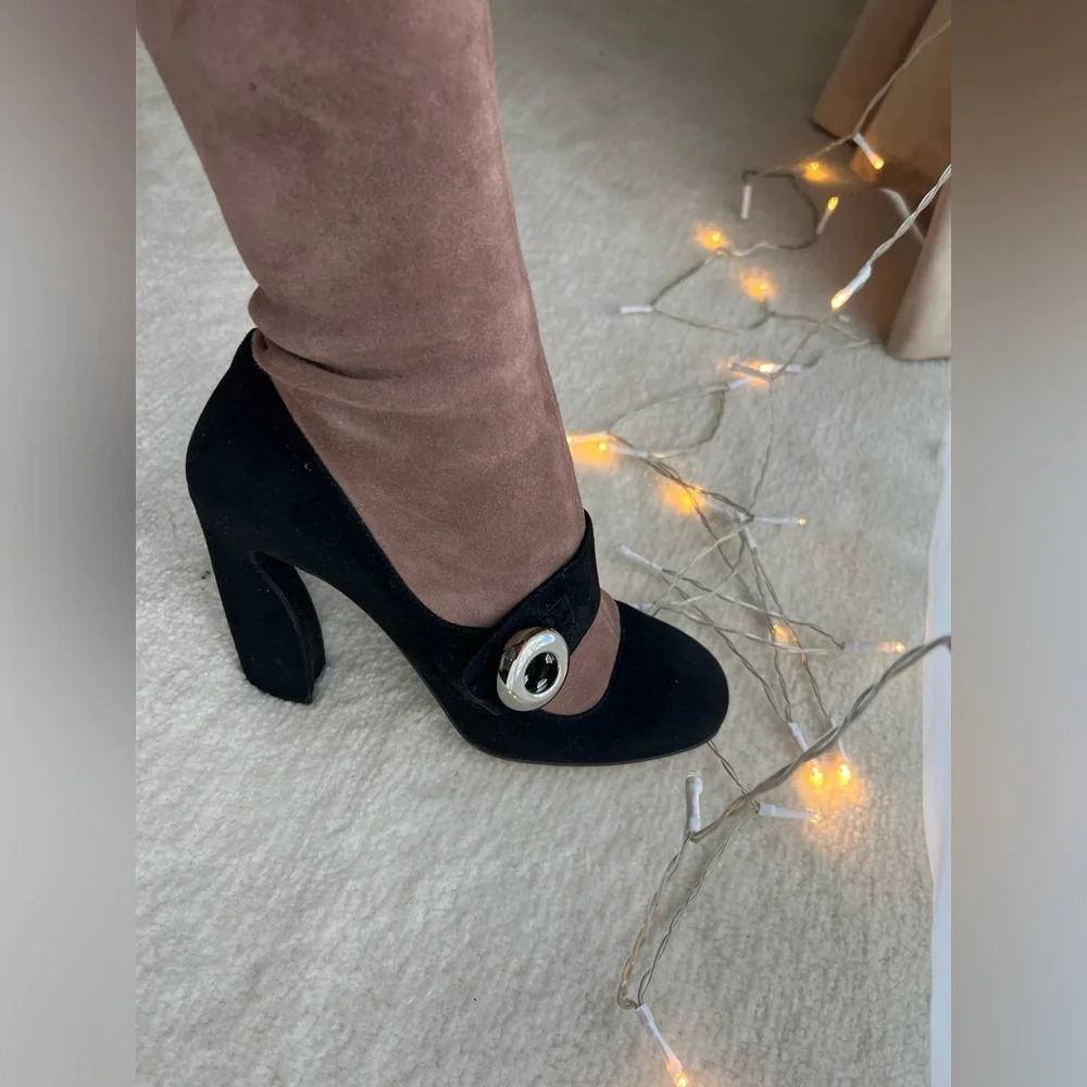 Prada Runway Knee High Suede Blush Pink Black High Heels Sock Boot Trompe L'oeil - Picture 7 of 14